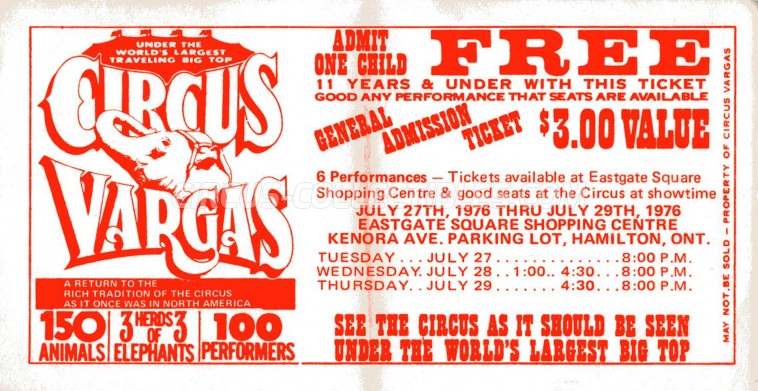 Vargas Circus Ticket/Flyer - Canada 1976